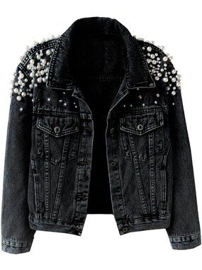 Women's Black Jean Jacket Embroidered Rivet Pearl Short Trendy Denim Jacket Coat